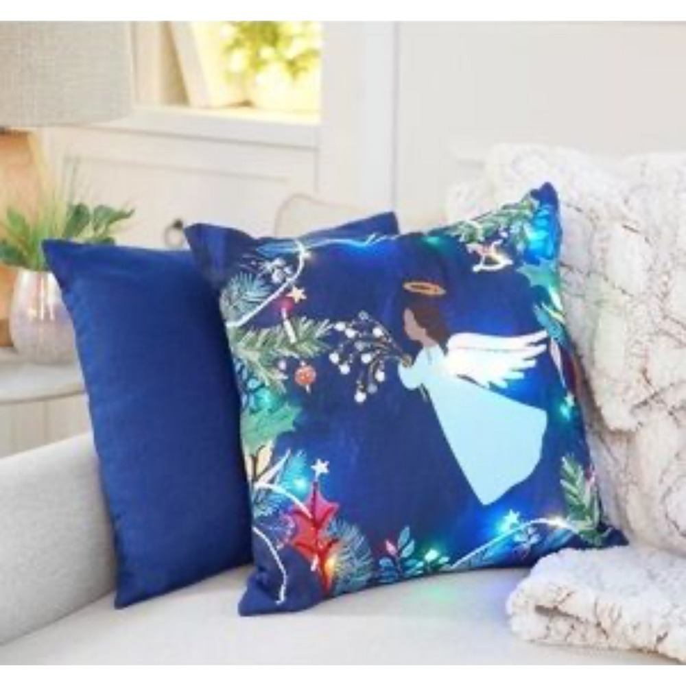 Set of 2 -Light Up Angel Christmas‎ Pillow Navy Blue Holiday Decor 18x18